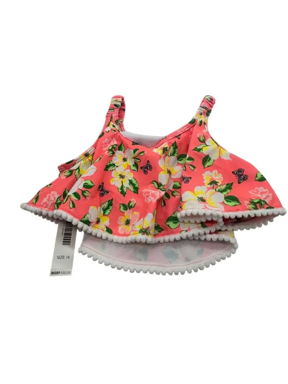 Nicole Miller Girls Floral Ruffle Bikini Top Swimwear With Pom Pom Trim Size 14